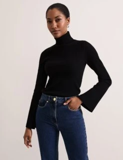 Ribbed Roll Neck Fluted Sleeve Jumper