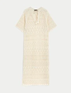 Cotton Blend Pointelle V-Neck Knitted Dress