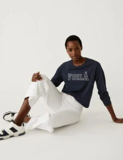 Pure Cotton Slogan Crew Neck Sweatshirt