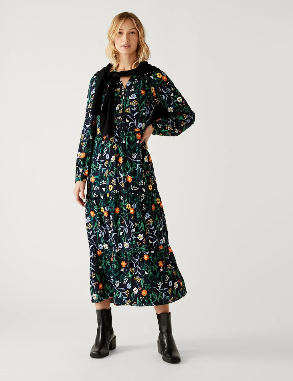 Floral Button Detail Midaxi Tiered Dress 3 Floral Button Detail Midaxi Tiered Dress - Image 3