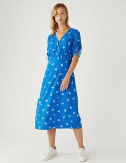 Printed V-Neck Shirred Midi Tea Dress -Cyberjammies Store SD 01 T42 7561 E4 X EC 1
