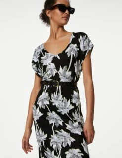 Jersey Printed V-Neck Midi T-Shirt Dress