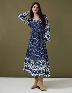 Floral Tie Neck Midaxi Waisted Dress -Cyberjammies Store SD 01 T53 3028U F4 X EC 1