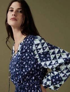 Floral Tie Neck Midaxi Waisted Dress -Cyberjammies Store SD 01 T53 3028U F4 X EC 2