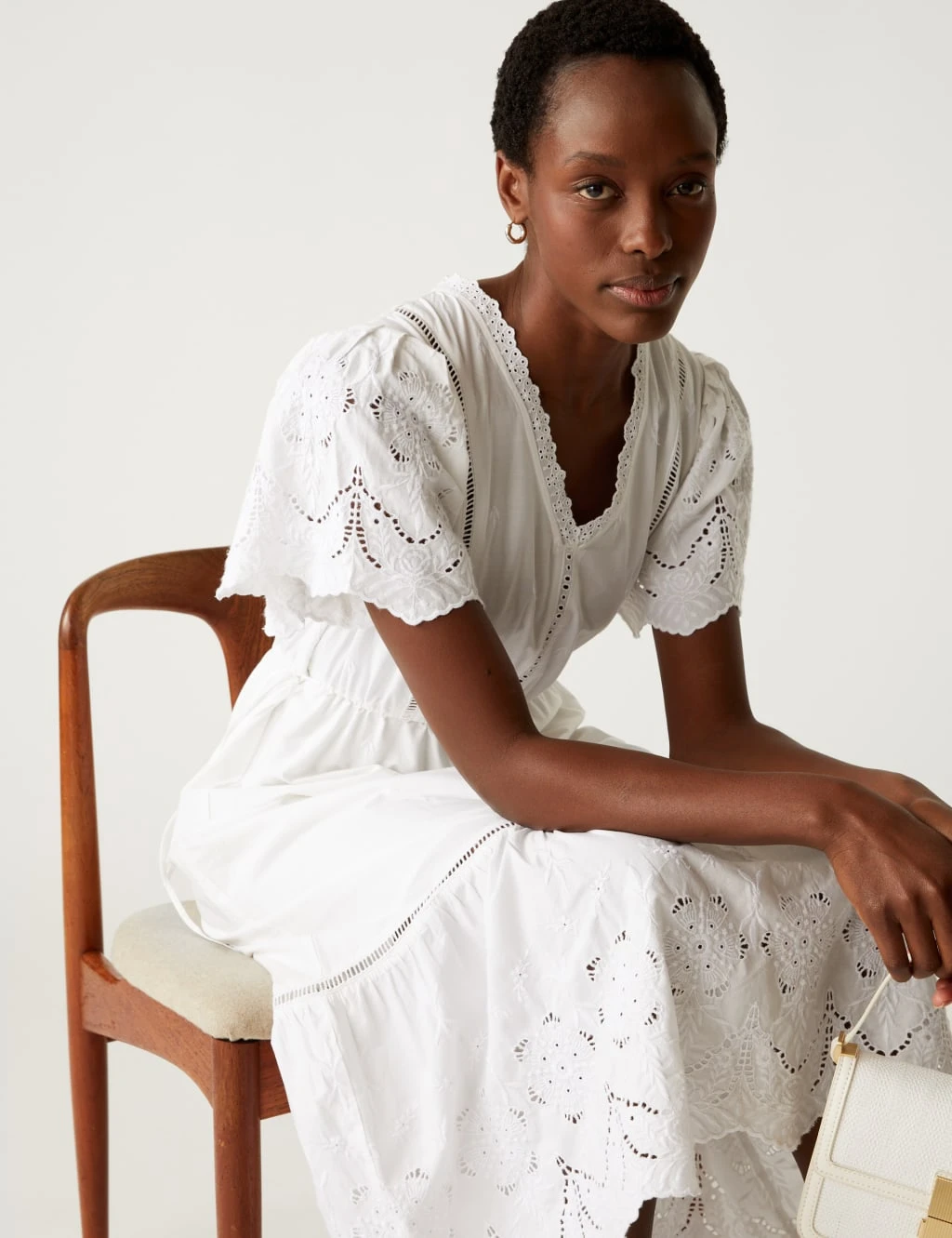 Pure Cotton Broderie V-Neck Midi Tea Dress 5 Pure Cotton Broderie V-Neck Midi Tea Dress - Image 5