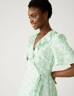 Linen Rich Floral V-Neck Midi Wrap Dress