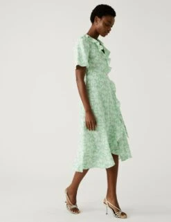 Linen Rich Floral V-Neck Midi Wrap Dress -Cyberjammies Store SD 01 T69 1661 J4 X EC 1