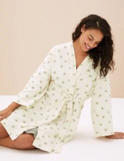 Pure Cotton Waffle Palm Print Dressing Gown