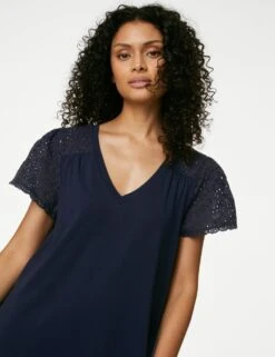 Pure Cotton Broderie Trim Long Nightdress -Cyberjammies Store SD 02 T37 6134N F0 X EC 2