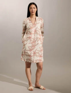 Jaeger Pure Linen Floral V-Neck Knee Length Dress