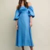 Tencel™ Rich Bardot Puff Sleeve Midi Dress