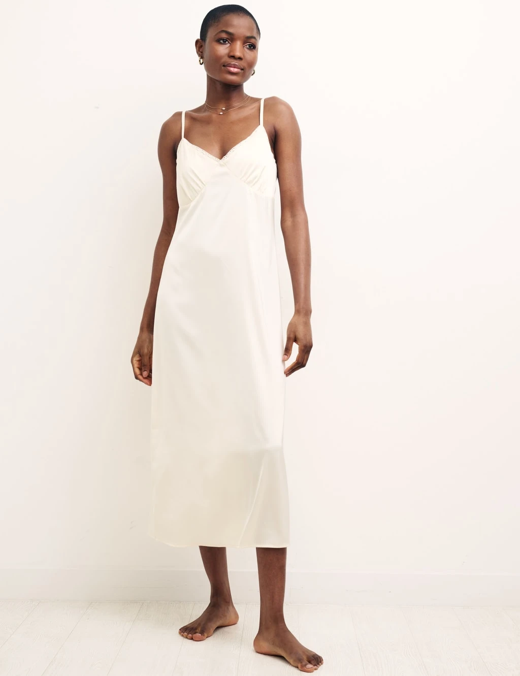 Satin Lace Trim Strappy Midi Nightdress 1 Satin Lace Trim Strappy Midi Nightdress