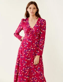 Floral V-Neck Button Through Midi Tea Dress