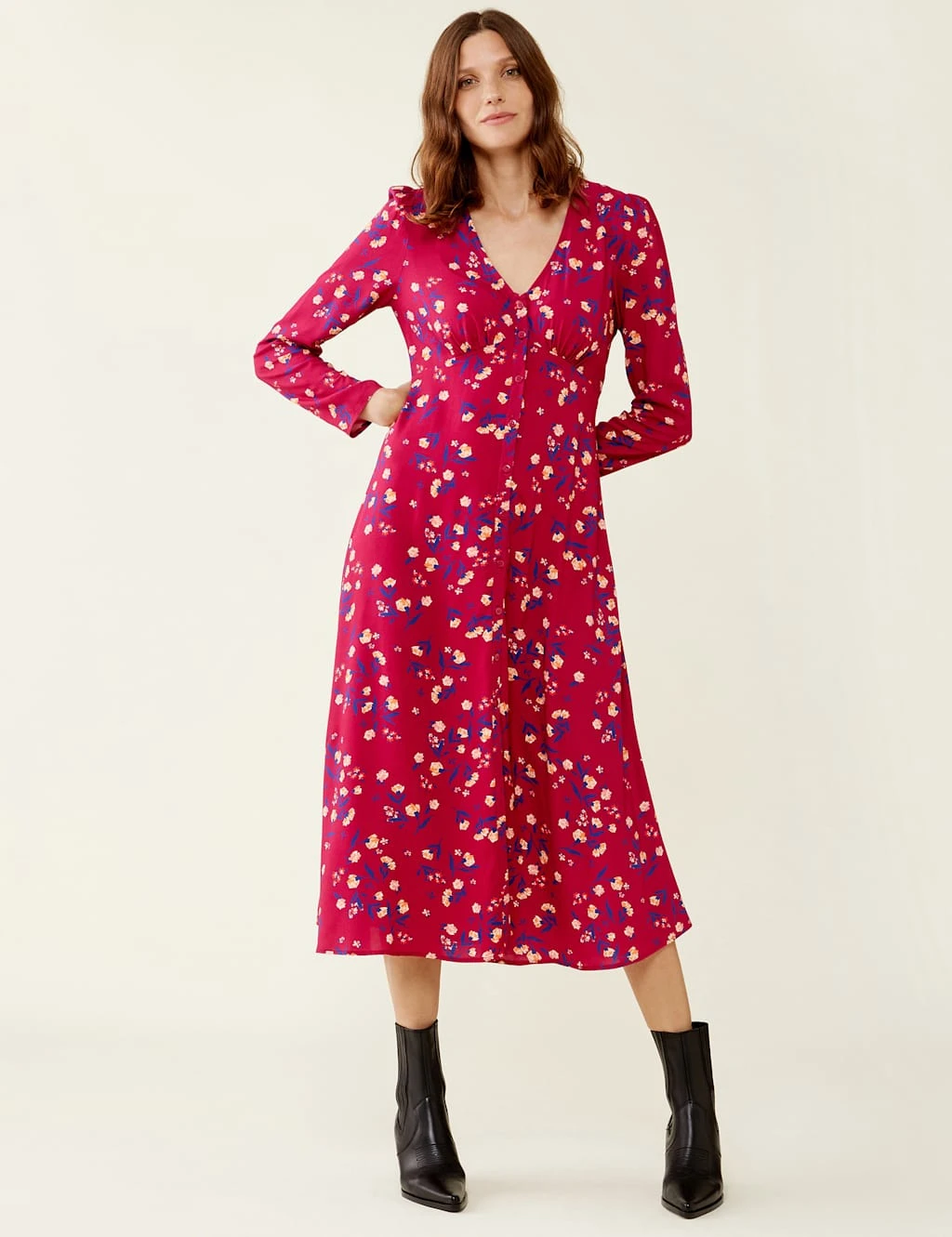 Floral V-Neck Button Through Midi Tea Dress 2 Floral V-Neck Button Through Midi Tea Dress - Image 2