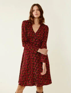 Floral V-Neck Knee Length Tea Dress