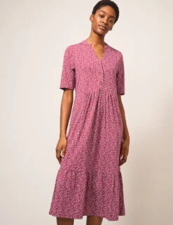 WHITE STUFF Jersey Polka Dot V-Neck Midi Tiered Dress