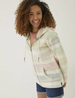 Pure Cotton Striped Textured Zip Up Hoodie