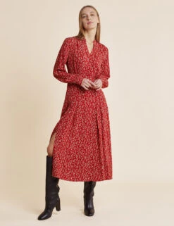 Floral V-Neck Button Front Midi Tea Dress