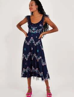 MONSOON Embroidered Midi Tiered Dress