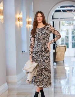 Animal Print Ruched Midi Column Dress