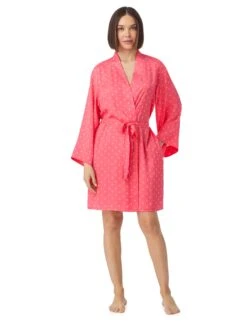 DKNY Satin Geometric Tie Short Kimono Robe