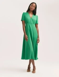 V-Neck Button Front Midi Tea Dress
