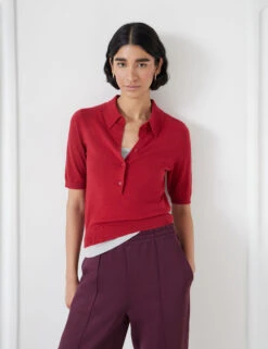 Wool Blend Textured Polo Neck Knitted Top