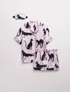 The Cat Print Shortie Set -Cyberjammies Store cat printed satin revere shortie set