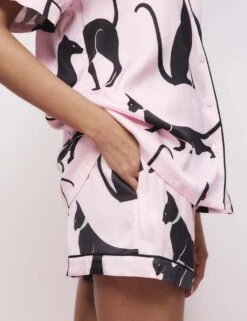 The Cat Print Shortie Set -Cyberjammies Store cat printed satin revere shortie set 4