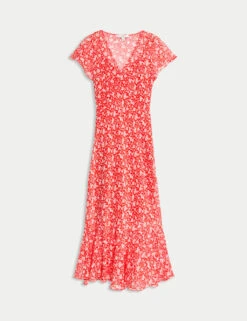 Chiffon Floral V-Neck Angel Sleeve Midaxi Tea Dress -Cyberjammies Store chiffon floral v neck angel sleeve midaxi tea dress 5