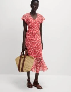 Chiffon Floral V-Neck Angel Sleeve Midaxi Tea Dress -Cyberjammies Store chiffon floral v neck angel sleeve midaxi tea dress 9