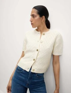 Cotton Blend Textured Button Front Cropped Cardigan -Cyberjammies Store cotton blend textured button front cropped cardigan 10