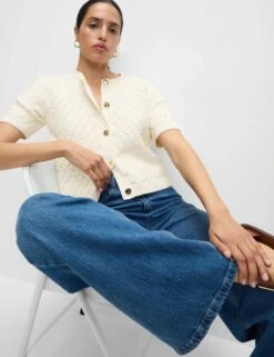 Cotton Blend Textured Button Front Cropped Cardigan -Cyberjammies Store cotton blend textured button front cropped cardigan 14