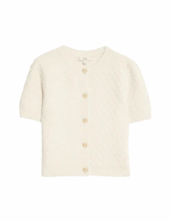 Cotton Blend Textured Button Front Cropped Cardigan -Cyberjammies Store cotton blend textured button front cropped cardigan