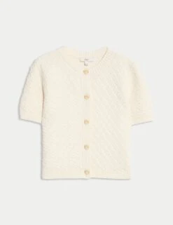 Cotton Blend Textured Button Front Cropped Cardigan -Cyberjammies Store cotton blend textured button front cropped cardigan 8