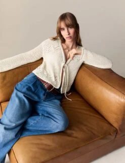 Cotton Rich Pointelle V-Neck Tie Front Relaxed Cardigan 17 Cotton Rich Pointelle V-Neck Tie Front Relaxed Cardigan -Cyberjammies Store cotton rich pointelle v neck tie front relaxed cardigan 6