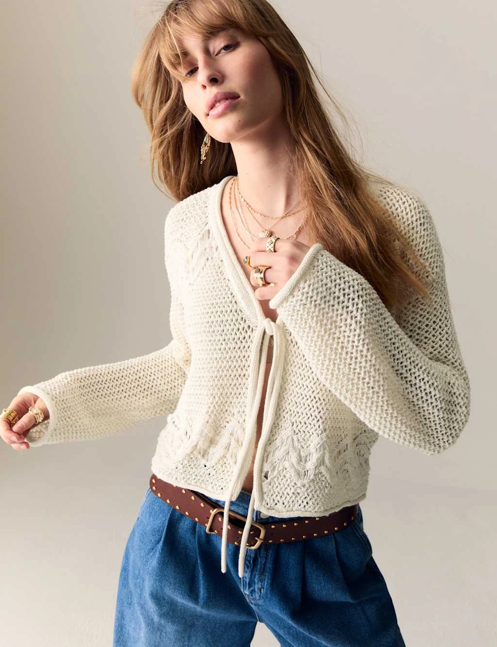 Cotton Rich Pointelle V-Neck Tie Front Relaxed Cardigan 11 Cotton Rich Pointelle V-Neck Tie Front Relaxed Cardigan - Image 11