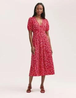 Crepe V-Neck Button Through Midi Tea Dress -Cyberjammies Store crepe v neck button through midi tea dress 11