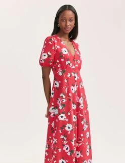 Crepe V-Neck Button Through Midi Tea Dress -Cyberjammies Store crepe v neck button through midi tea dress 13