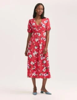 Crepe V-Neck Button Through Midi Tea Dress -Cyberjammies Store crepe v neck button through midi tea dress 15