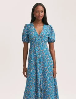 Crepe V-Neck Button Through Midi Tea Dress -Cyberjammies Store crepe v neck button through midi tea dress 17