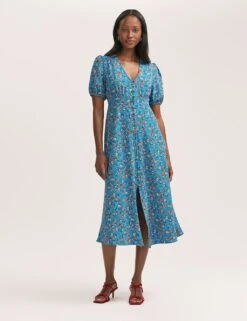 Crepe V-Neck Button Through Midi Tea Dress -Cyberjammies Store crepe v neck button through midi tea dress 19