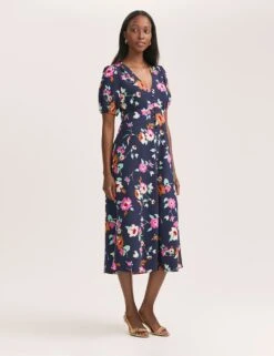 Crepe V-Neck Button Through Midi Tea Dress -Cyberjammies Store crepe v neck button through midi tea dress 7
