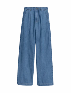 Denim High Waisted Pleat Front Wide Leg Jeans -Cyberjammies Store denim high waisted pleat front wide leg jeans 1