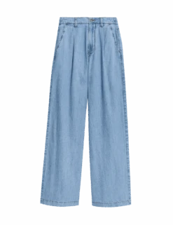 Denim High Waisted Pleat Front Wide Leg Jeans -Cyberjammies Store denim high waisted pleat front wide leg jeans