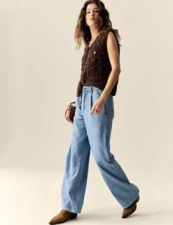 Denim High Waisted Pleat Front Wide Leg Jeans -Cyberjammies Store denim high waisted pleat front wide leg jeans 5