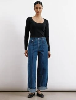 Mid Rise Pintuck Wide Leg Turn Up Jeans -Cyberjammies Store mid rise pintuck wide leg turn up jeans 8