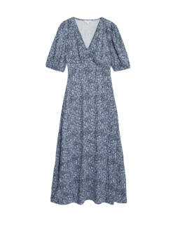 Printed V-Neck Puff Sleeve Midi Tea Dress -Cyberjammies Store printed v neck puff sleeve midi tea dress 1