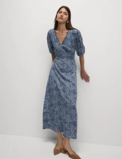 Printed V-Neck Puff Sleeve Midi Tea Dress -Cyberjammies Store printed v neck puff sleeve midi tea dress 11