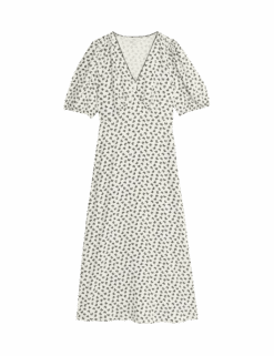 Printed V-Neck Puff Sleeve Midi Tea Dress -Cyberjammies Store printed v neck puff sleeve midi tea dress